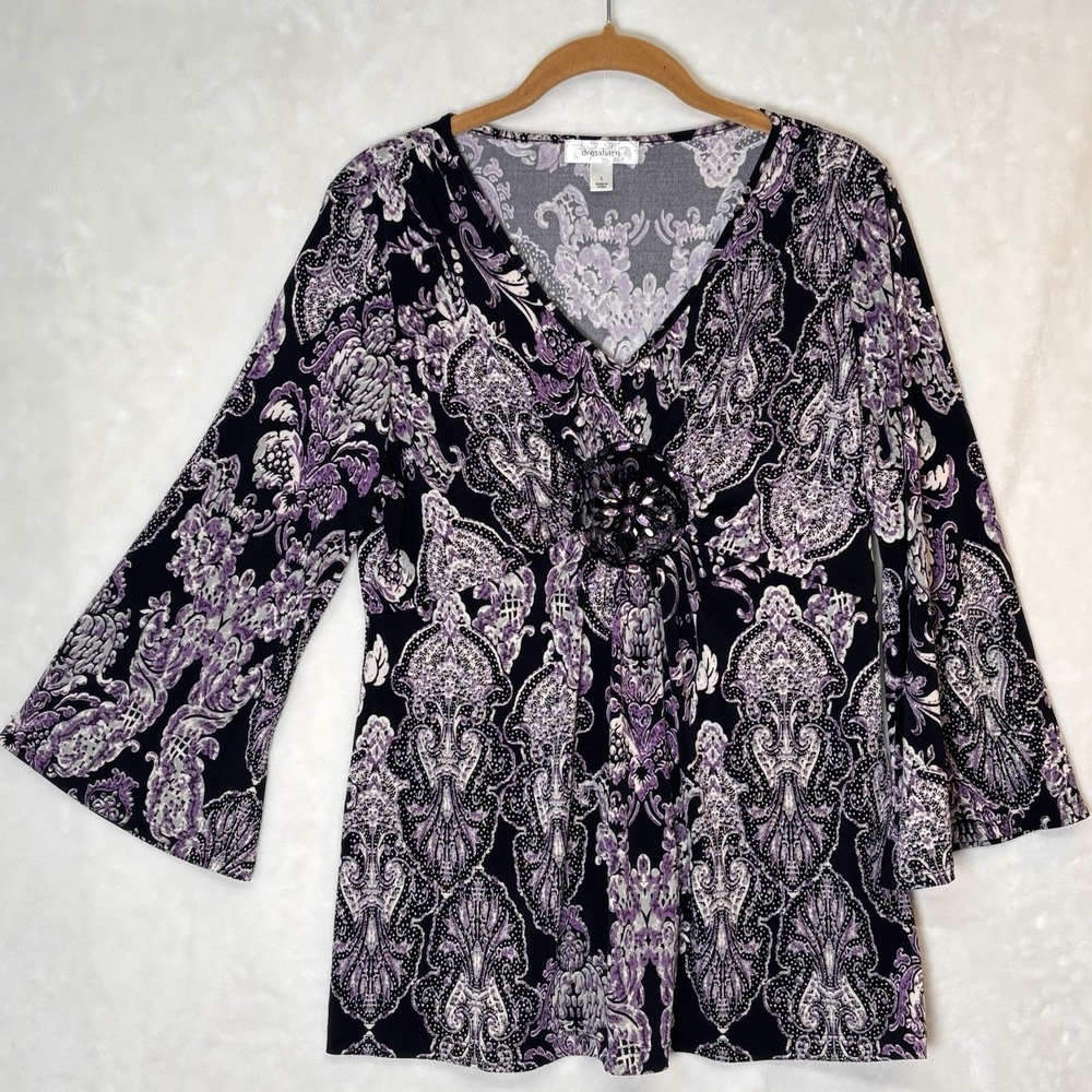 Y2K Boho Bell Sleeve Purple Paisley Beaded Top L Romantic Whimsigoth Artsy